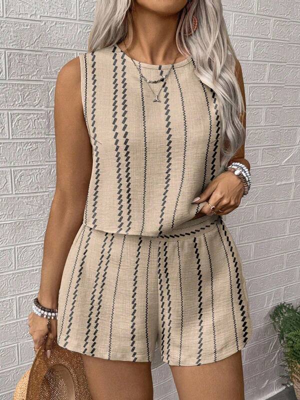 Satin Sleeveless Two Piece Set – Casual Summer Tank Top and High Waist Shorts