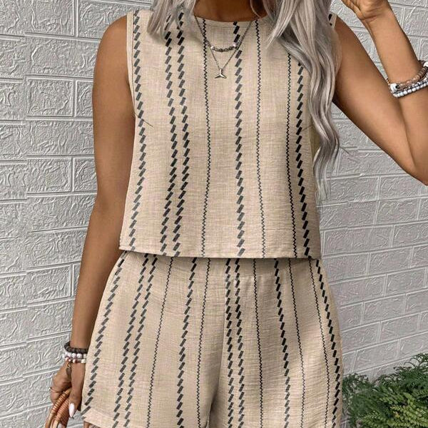 Satin Sleeveless Two Piece Set – Casual Summer Tank Top and High Waist Shorts