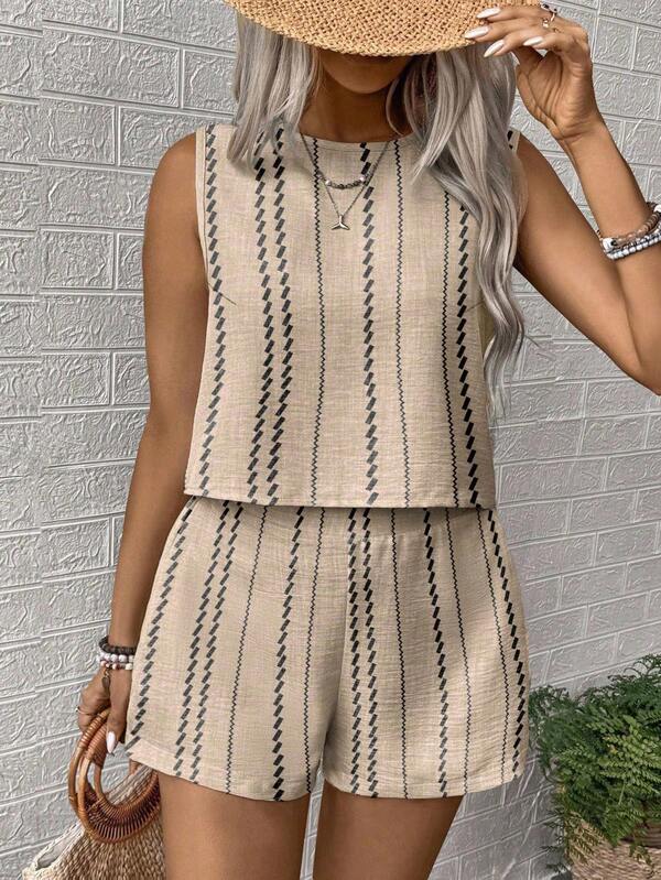 Satin Sleeveless Two Piece Set – Casual Summer Tank Top and High Waist Shorts