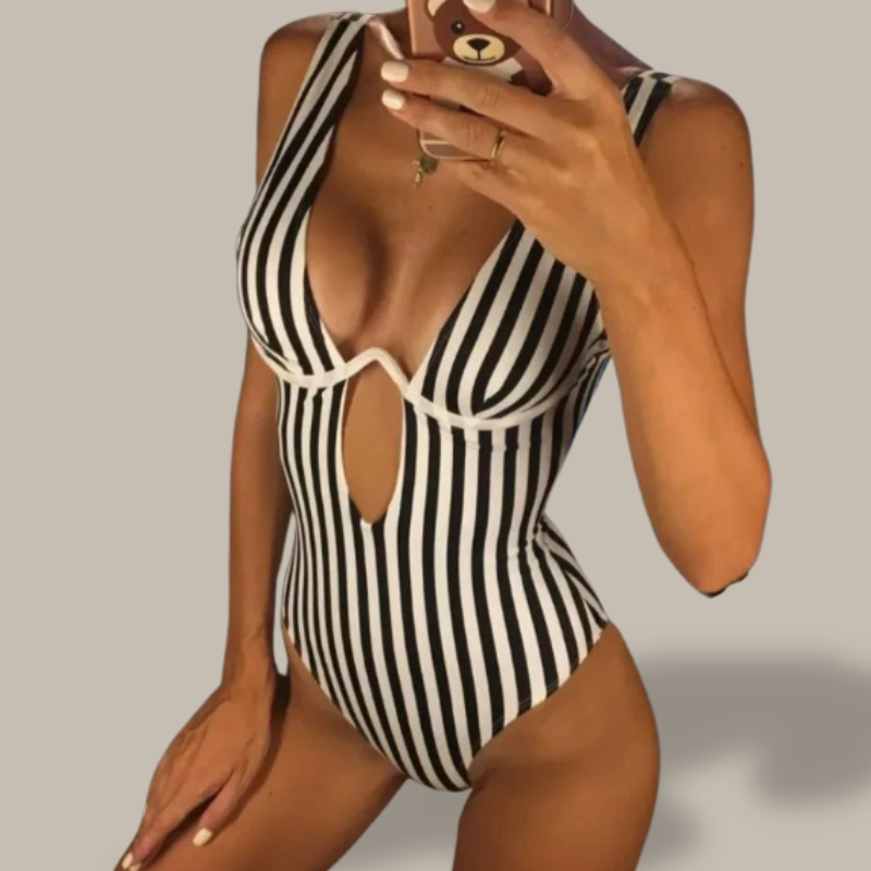 Alaina Striped V-Shaped Swimsuit-Jordyn the Label