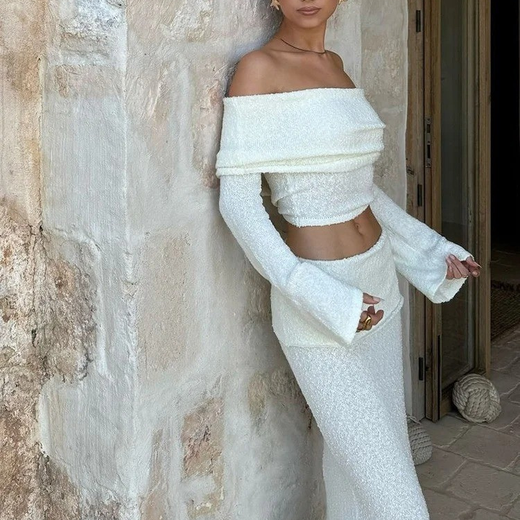 White Knit Two Piece Set – Off Shoulder Crop Top & Skirt