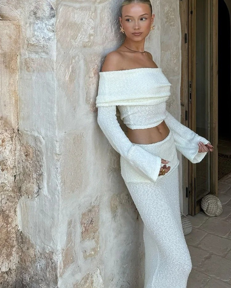 White Knit Two Piece Set – Off Shoulder Crop Top & Skirt