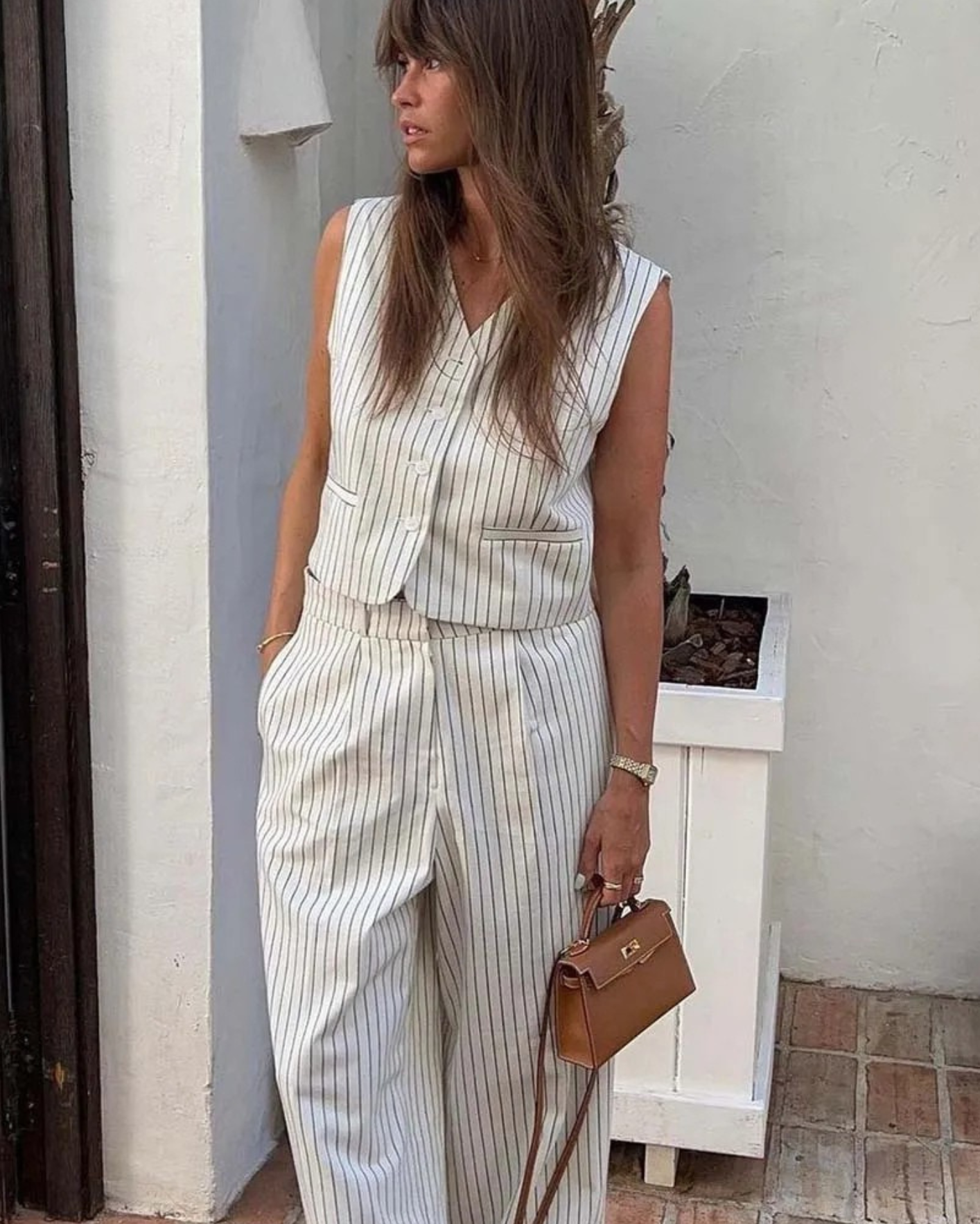2 Piece Striped Suit Set – Sleeveless Vest & Wide Leg Pants Outfit