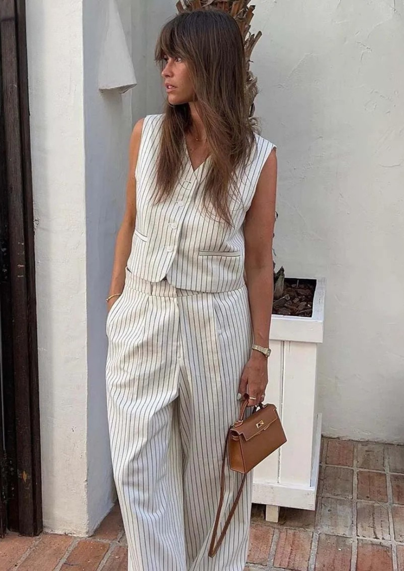2 Piece Striped Suit Set – Sleeveless Vest & Wide Leg Pants Outfit