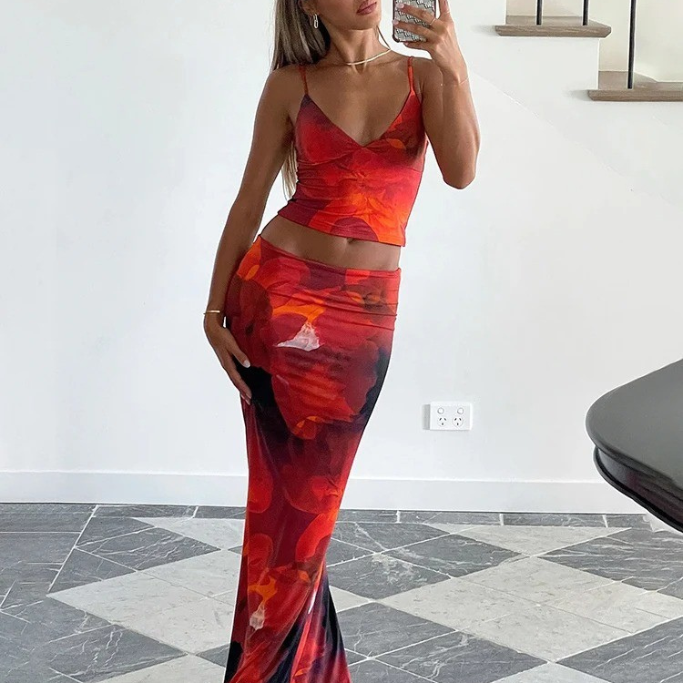 Stylish Print Two Piece Set – Satin Crop Top and Maxi Skirt