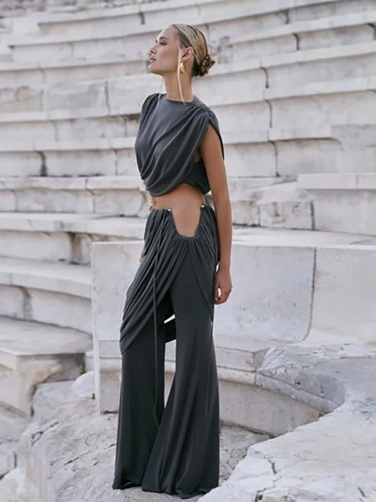 Elegant Draped Crop Top and Wide Leg Pants Set – Evening Outfit