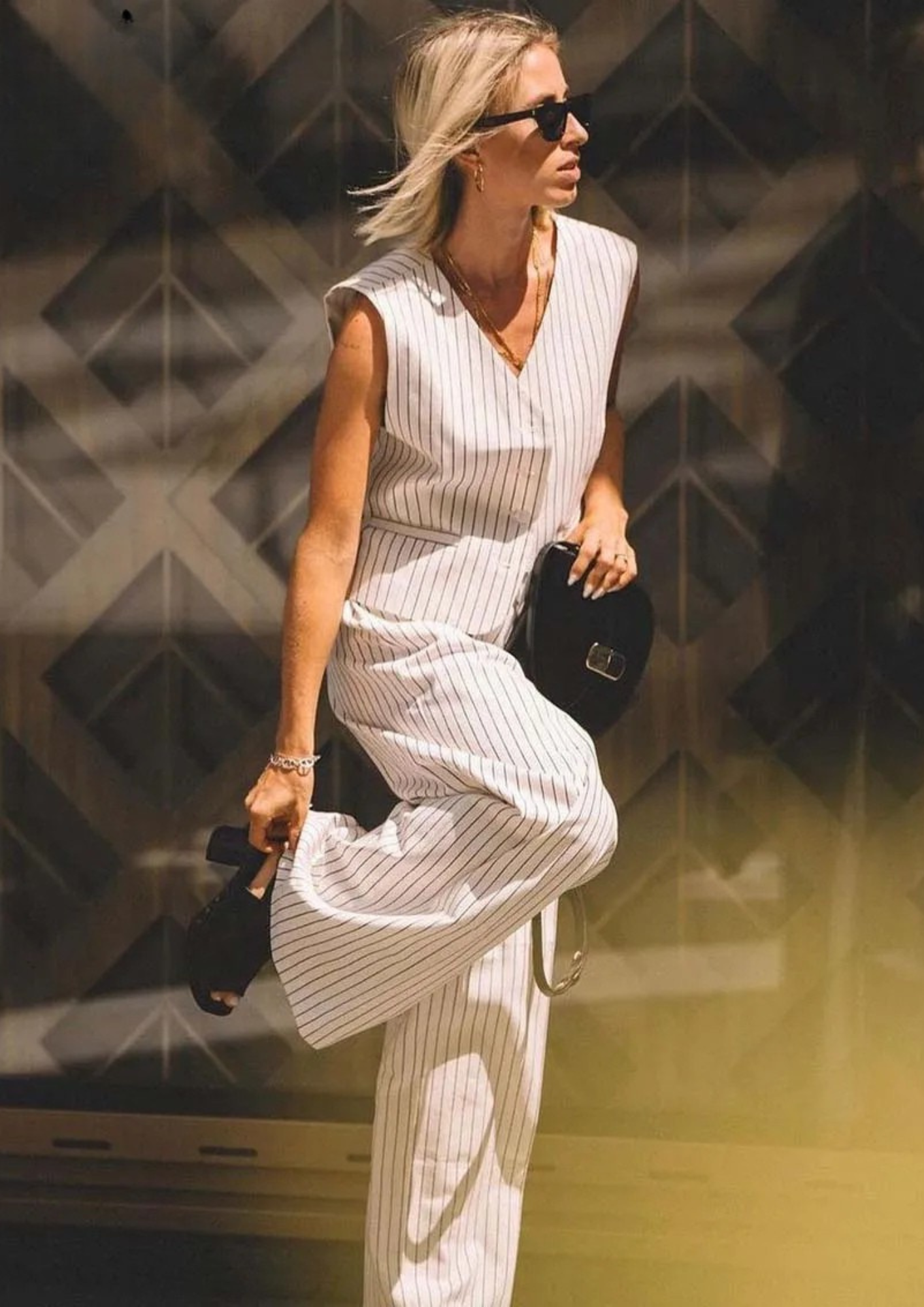2 Piece Striped Suit Set – Sleeveless Vest & Wide Leg Pants Outfit