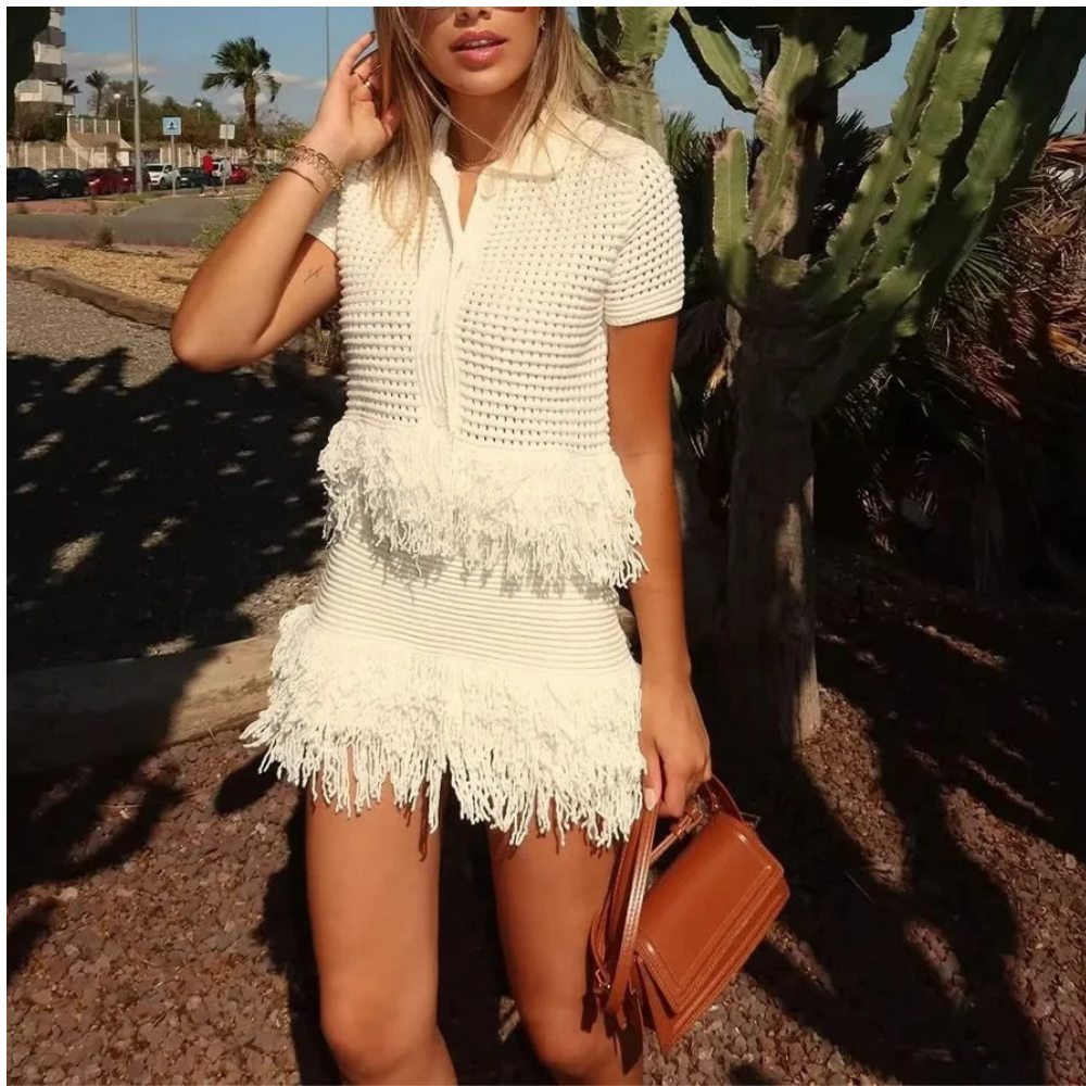 Knitted Two Piece Set – Tassel Short Sleeve Top & Mini Skirt Co ord Outfit