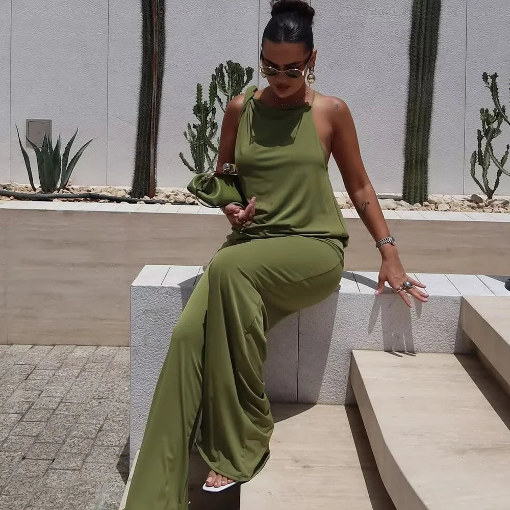 Trendy Satin Two Piece Set – Cowl Neck Top and Wide Leg Pants