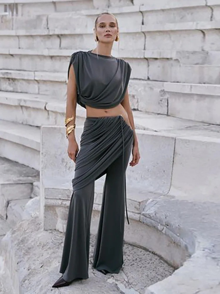 Elegant Draped Crop Top and Wide Leg Pants Set – Evening Outfit