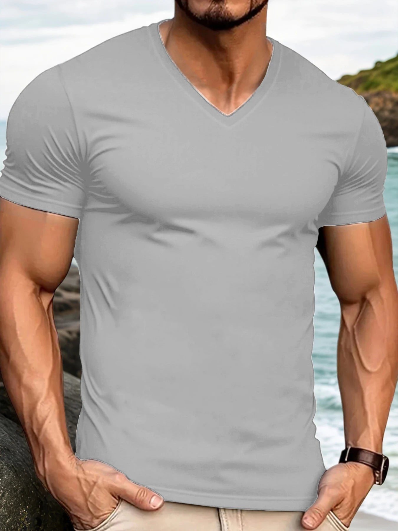Men’s Slim Fit V Neck T Shirt – Casual Short Sleeve Cotton Tee