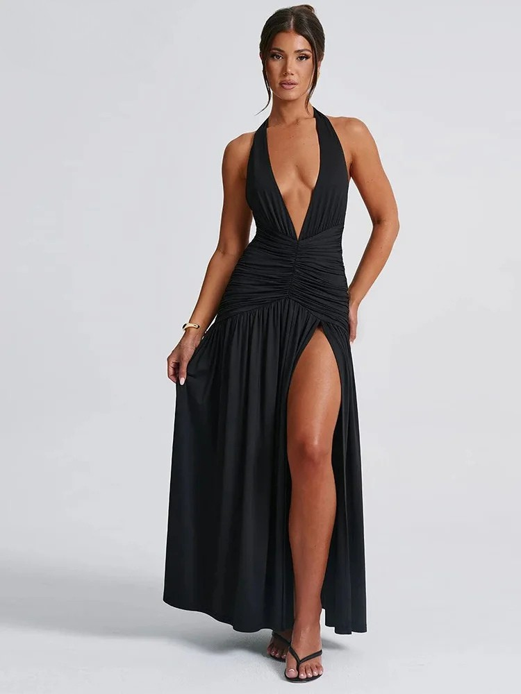 Halter Maxi Dress – Ruched Deep V Split Evening Gown