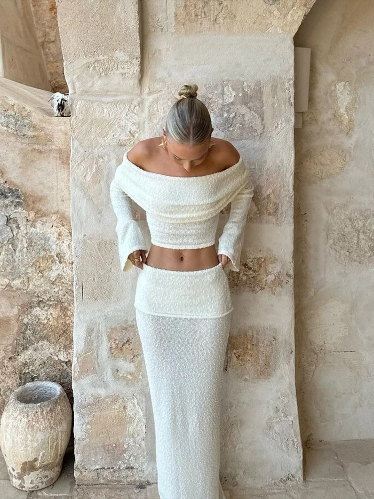 White Knit Two Piece Set – Off Shoulder Crop Top & Skirt