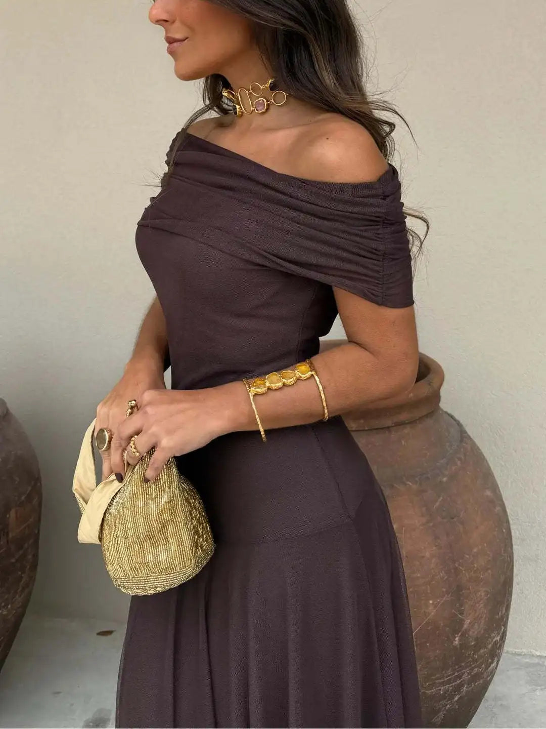 Off Shoulder Maxi Dress Elegant Evening Party Gown