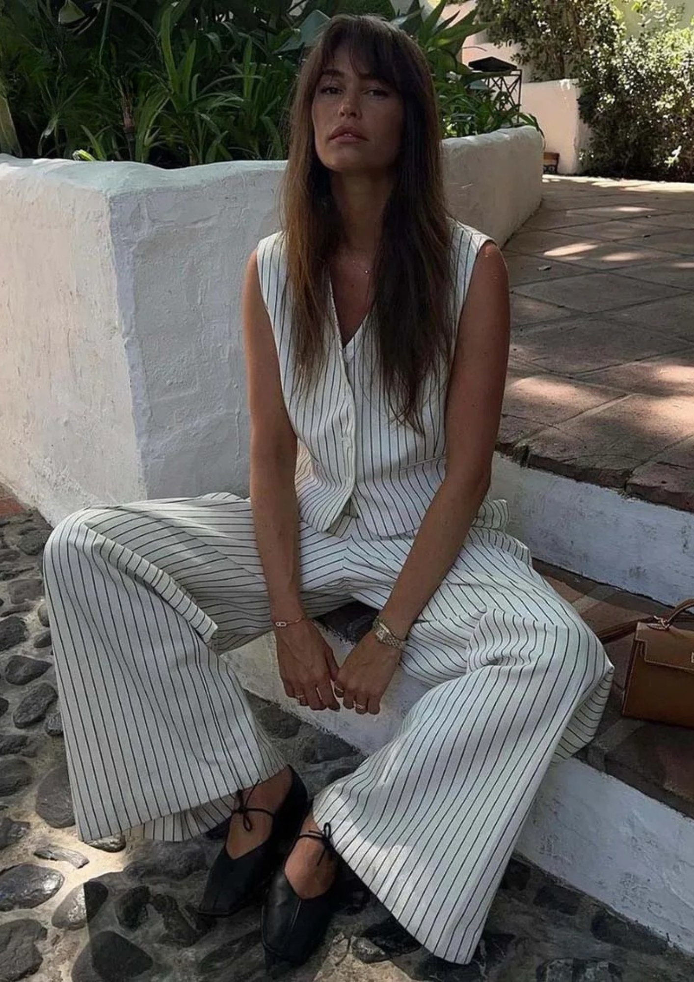 2 Piece Striped Suit Set – Sleeveless Vest & Wide Leg Pants Outfit