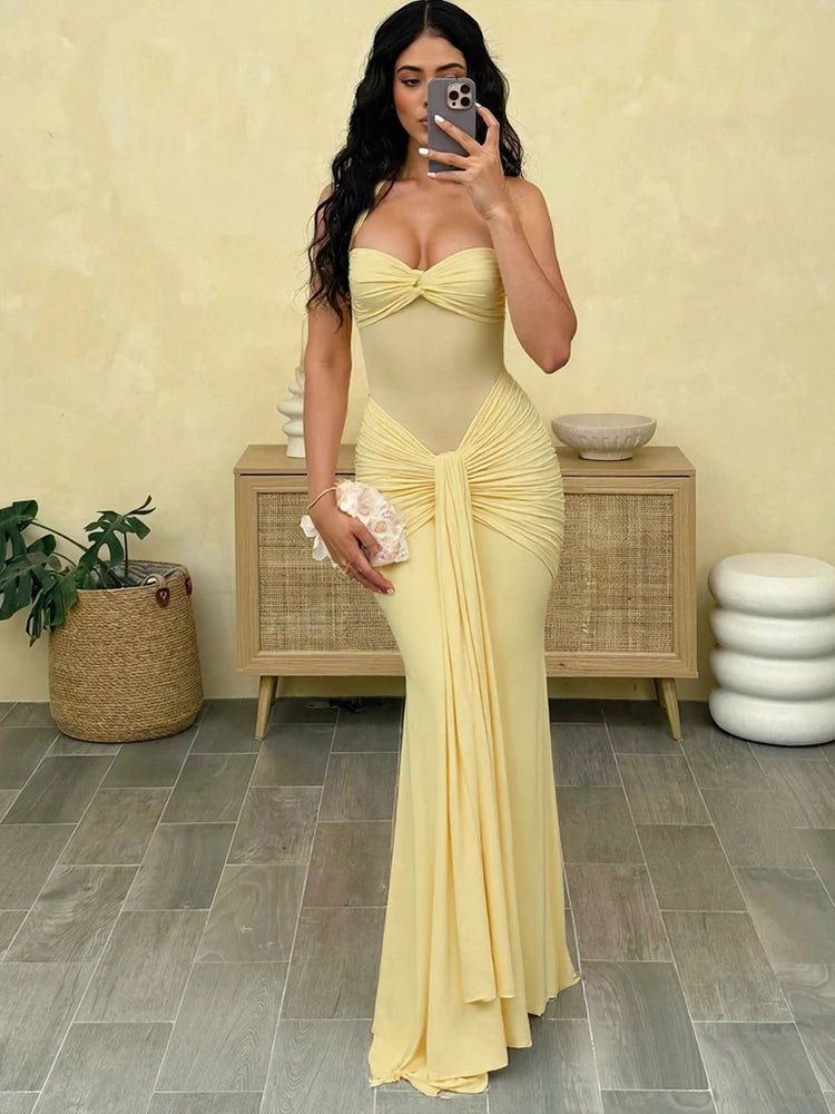 Halter Mesh Ruched Evening Maxi Dress