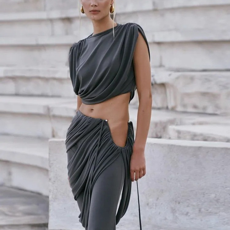 Elegant Draped Crop Top and Wide Leg Pants Set – Evening Outfit