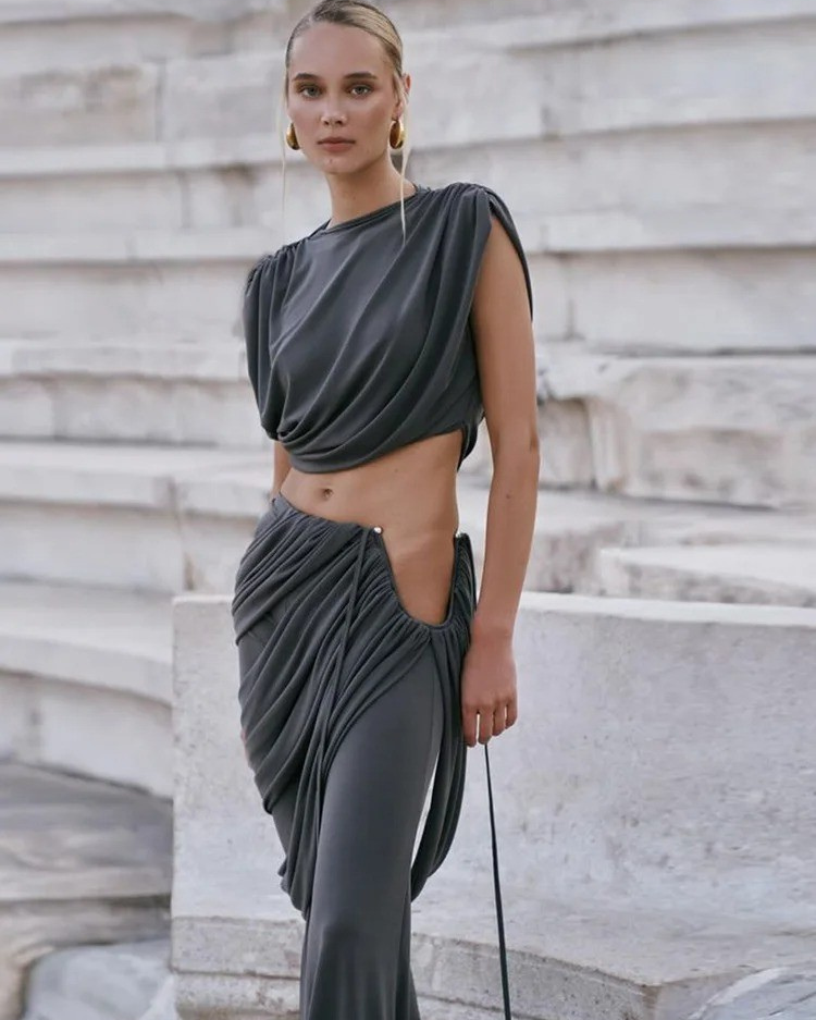 Elegant Draped Crop Top and Wide Leg Pants Set – Evening Outfit