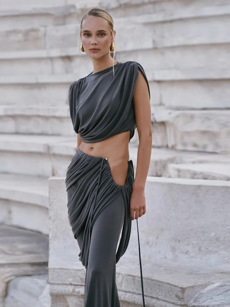 Elegant Draped Crop Top and Wide Leg Pants Set – Evening Outfit