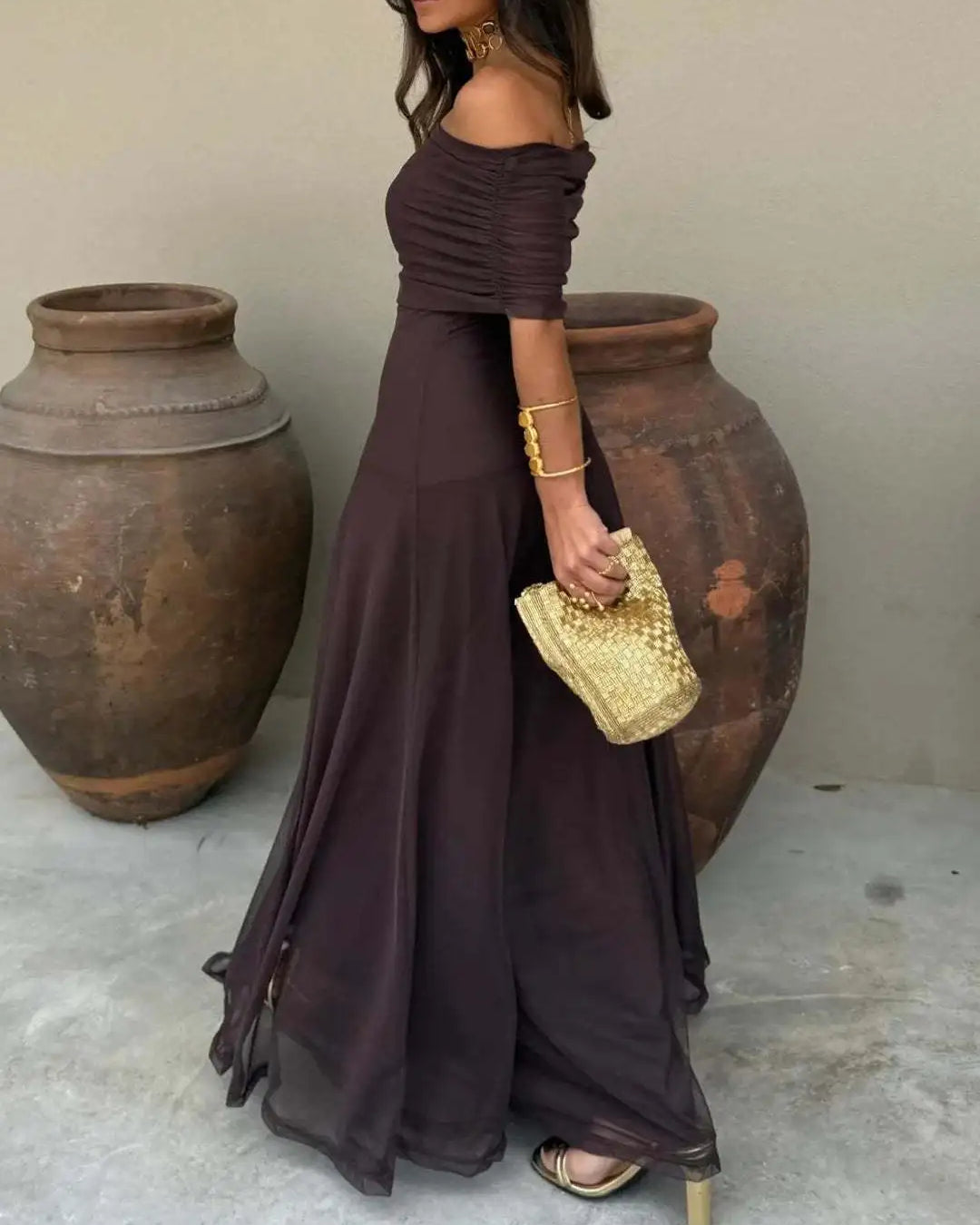 Off Shoulder Maxi Dress Elegant Evening Party Gown