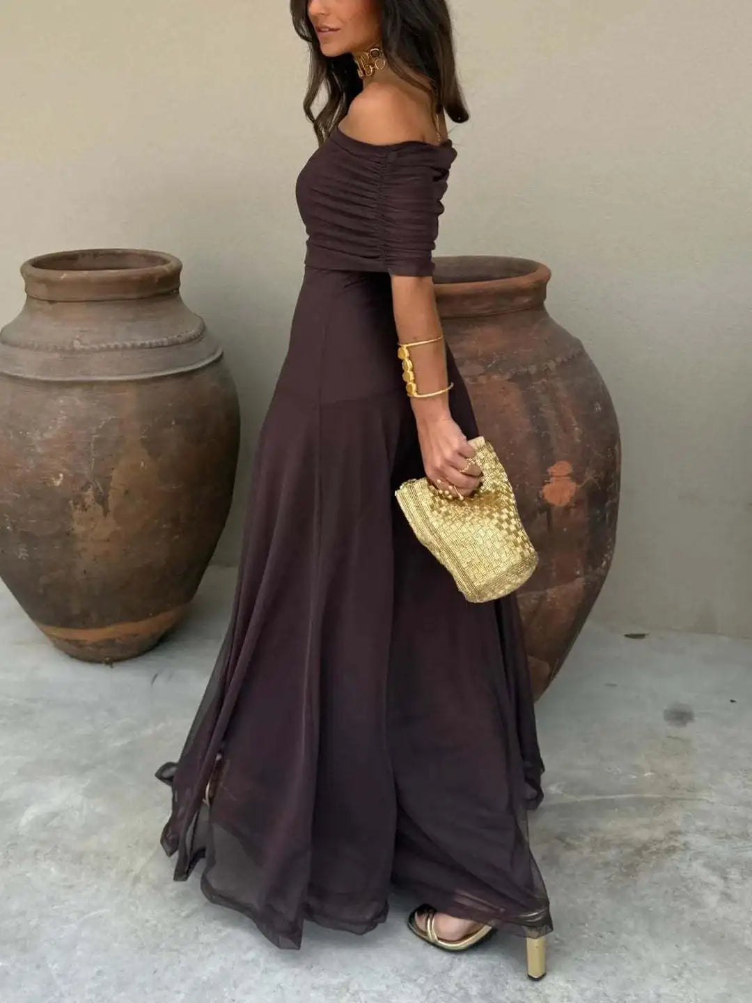 Off Shoulder Maxi Dress Elegant Evening Party Gown
