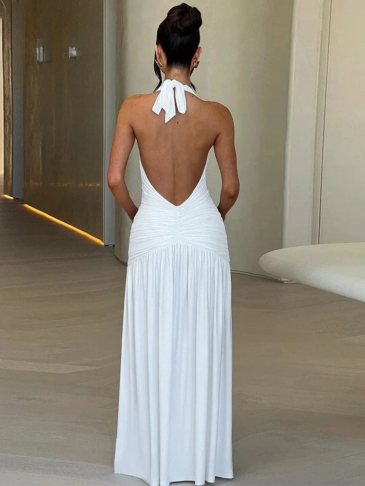 Halter Maxi Dress – Ruched Deep V Split Evening Gown
