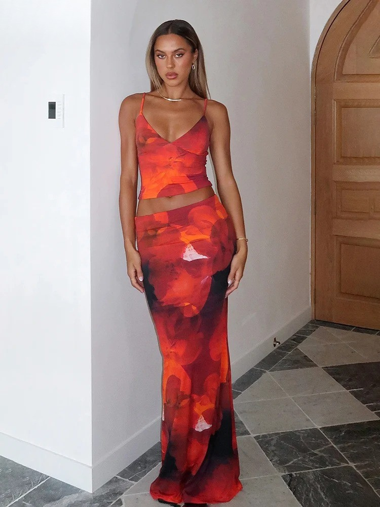 Stylish Print Two Piece Set – Satin Crop Top and Maxi Skirt