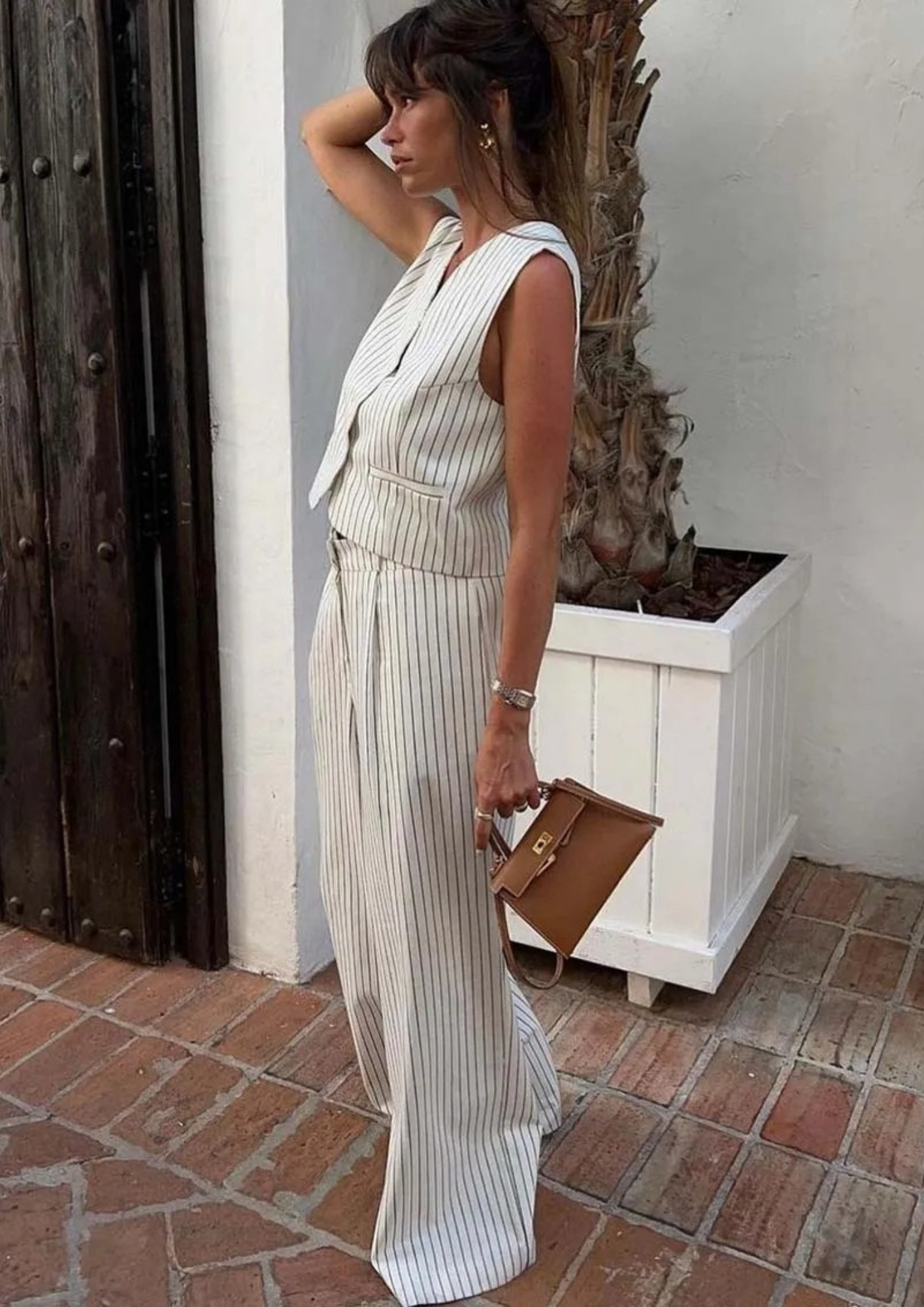 2 Piece Striped Suit Set – Sleeveless Vest & Wide Leg Pants Outfit