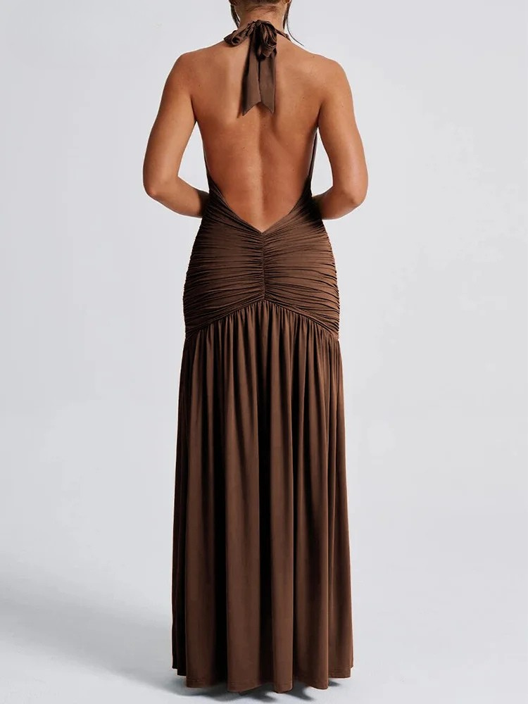 Halter Maxi Dress – Ruched Deep V Split Evening Gown