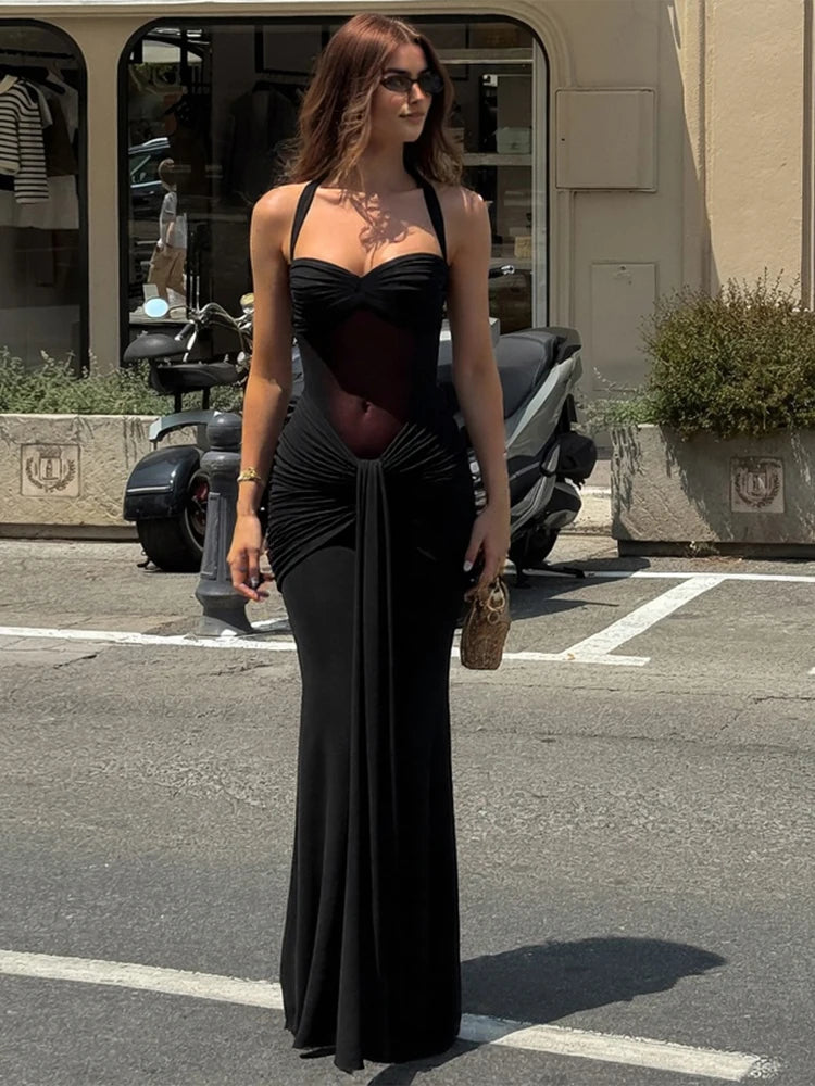 Halter Mesh Ruched Evening Maxi Dress