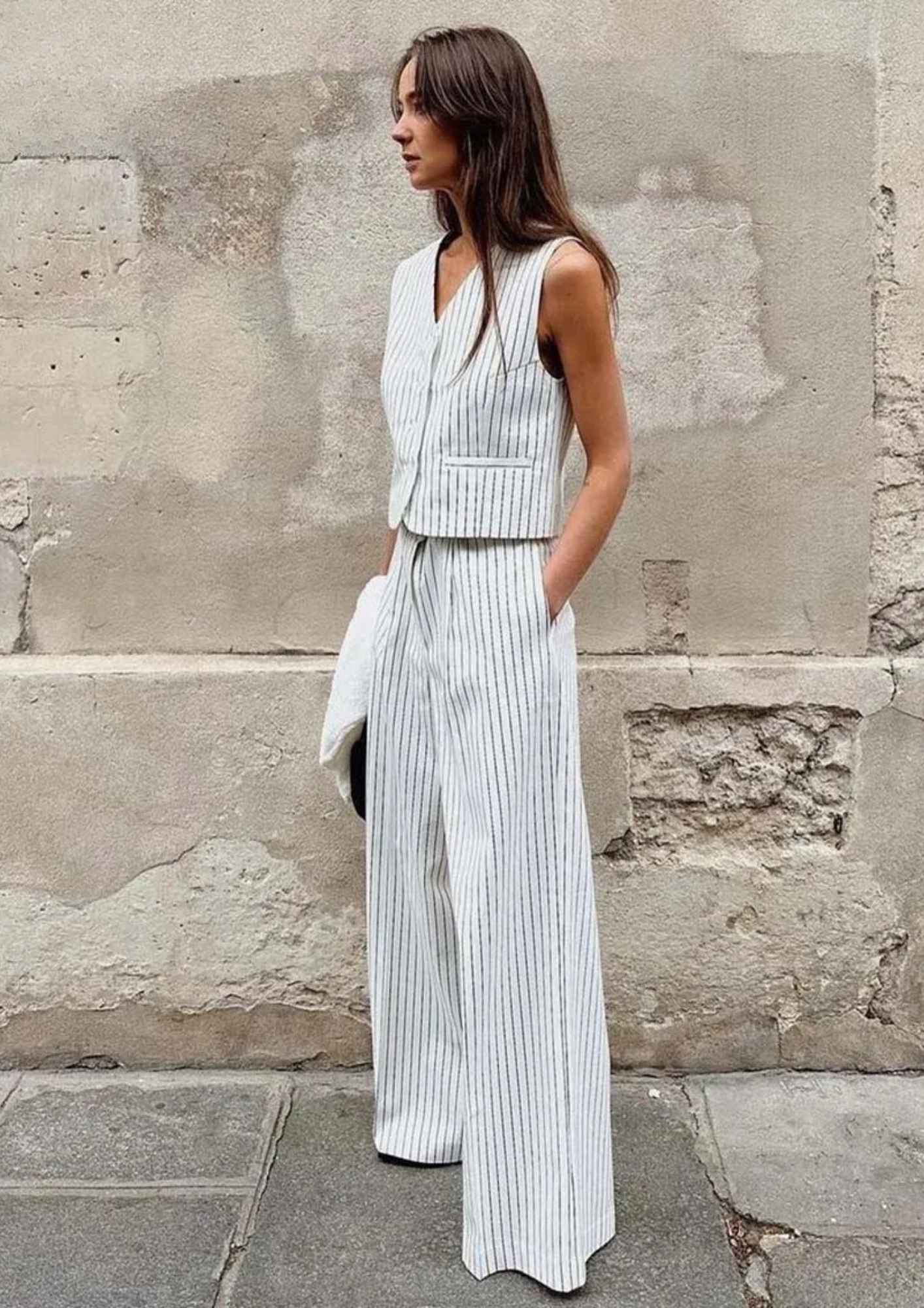 2 Piece Striped Suit Set – Sleeveless Vest & Wide Leg Pants Outfit