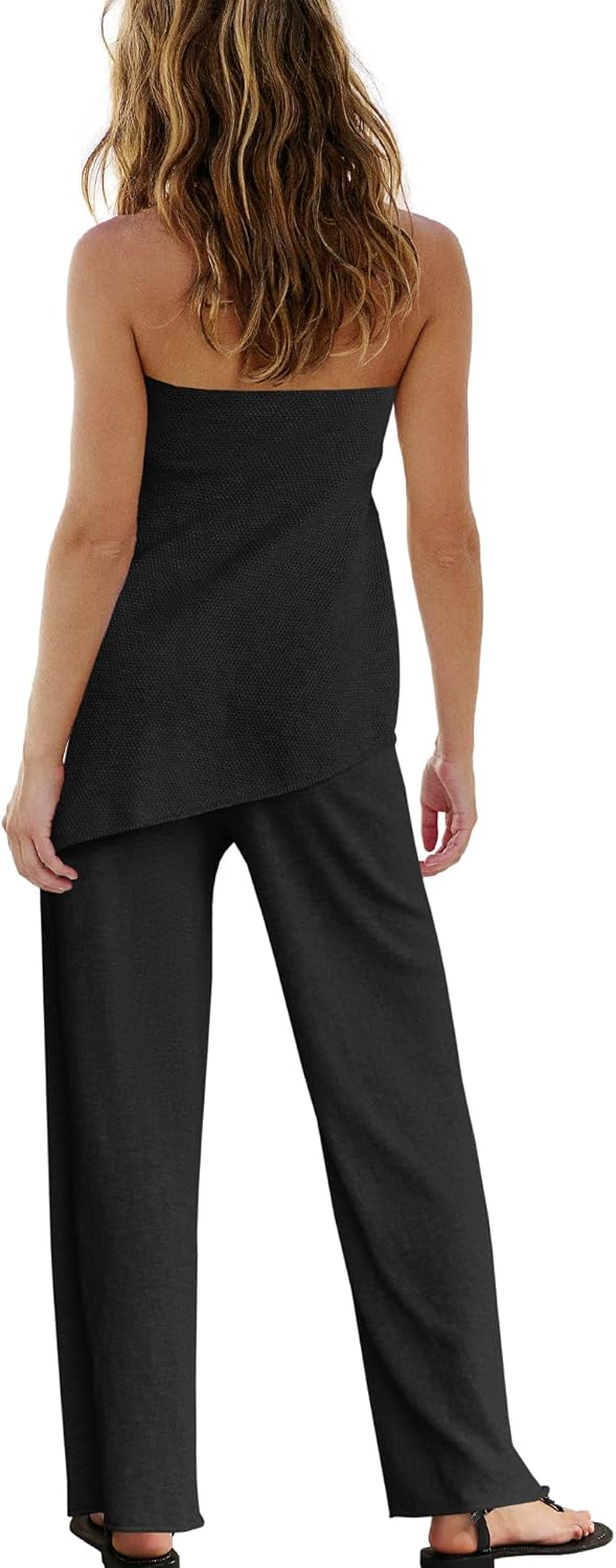 Trendy Two Piece Set – Strapless Knit Top & Wide Leg Pants