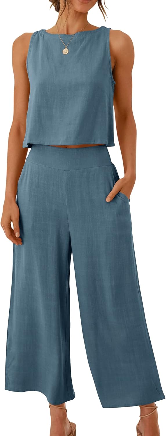 Two Piece Set – Sleeveless Crop Top & Wide Leg Pants