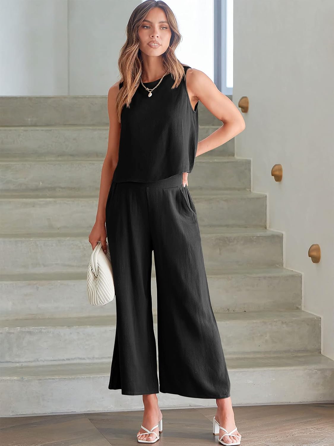 Two Piece Set – Sleeveless Crop Top & Wide Leg Pants