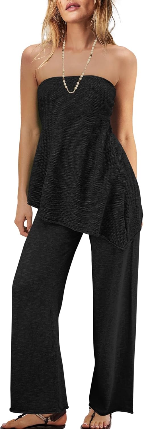 Trendy Two Piece Set – Strapless Knit Top & Wide Leg Pants