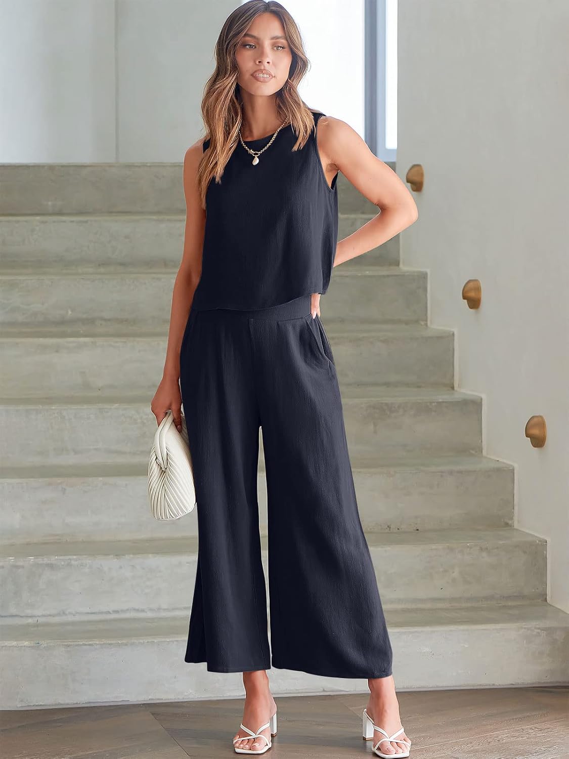 Two Piece Set – Sleeveless Crop Top & Wide Leg Pants