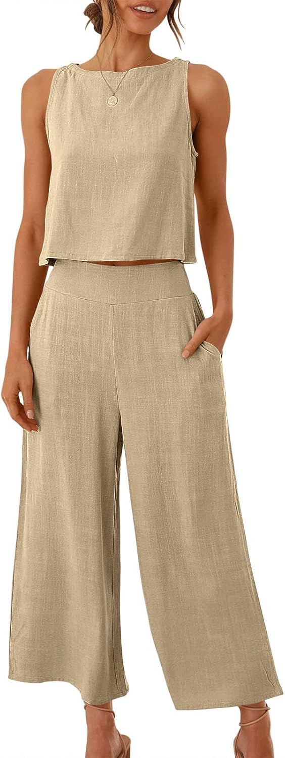 Two Piece Set – Sleeveless Crop Top & Wide Leg Pants