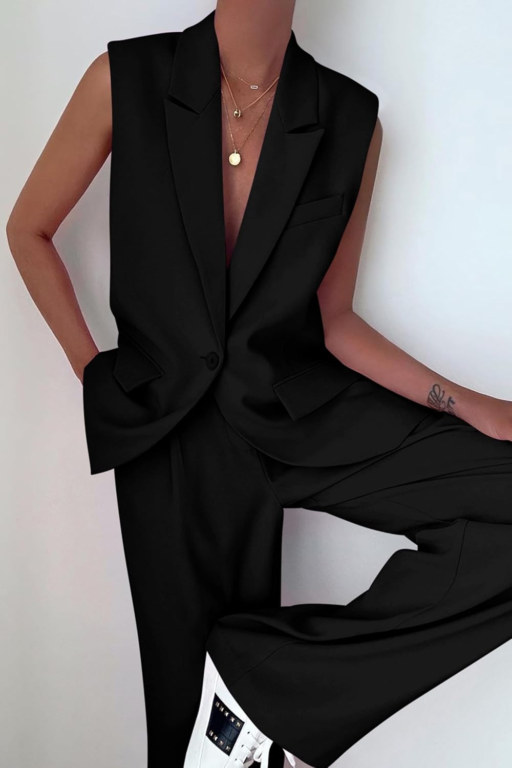 Stylish Two Piece Suit Set – Sleeveless Blazer Vest & Wide Leg Pants
