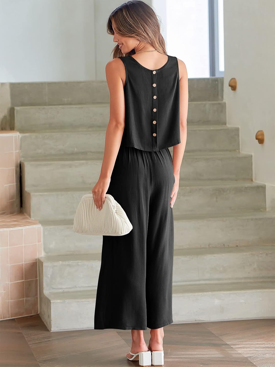 Two Piece Set – Sleeveless Crop Top & Wide Leg Pants