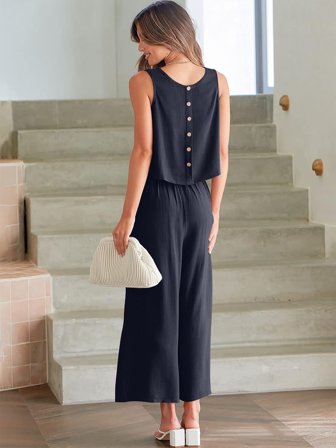 Two Piece Set – Sleeveless Crop Top & Wide Leg Pants