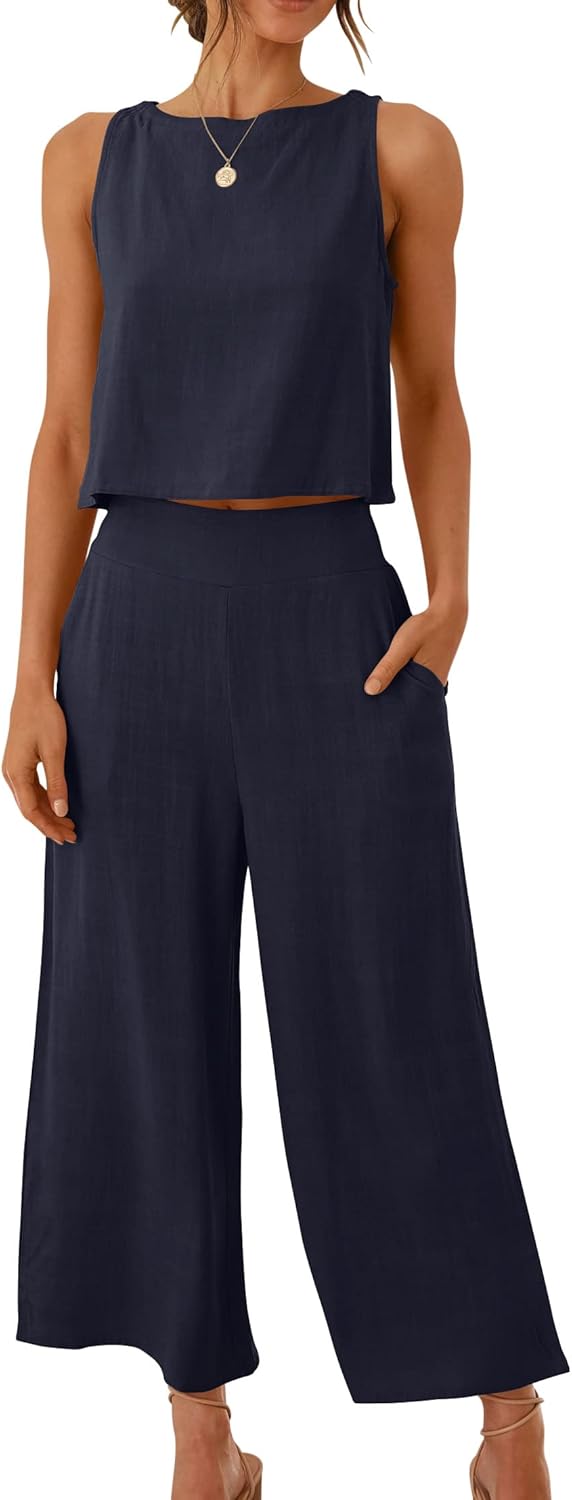 Two Piece Set – Sleeveless Crop Top & Wide Leg Pants