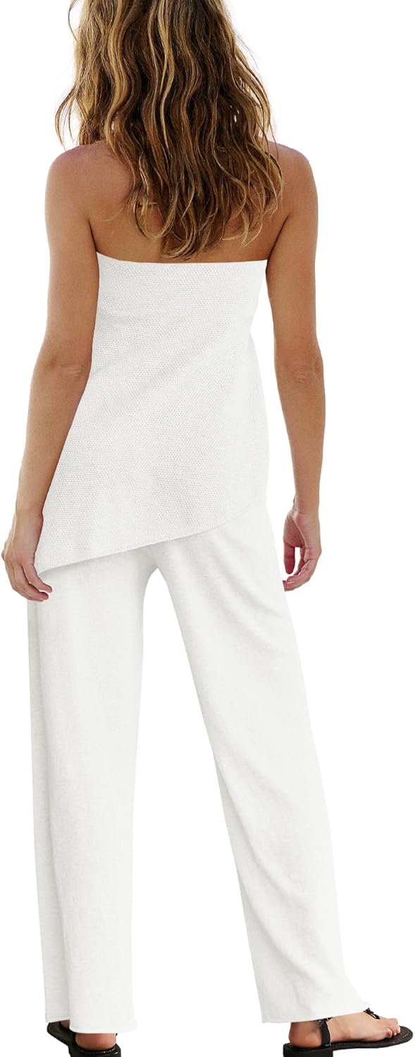 Trendy Two Piece Set – Strapless Knit Top & Wide Leg Pants