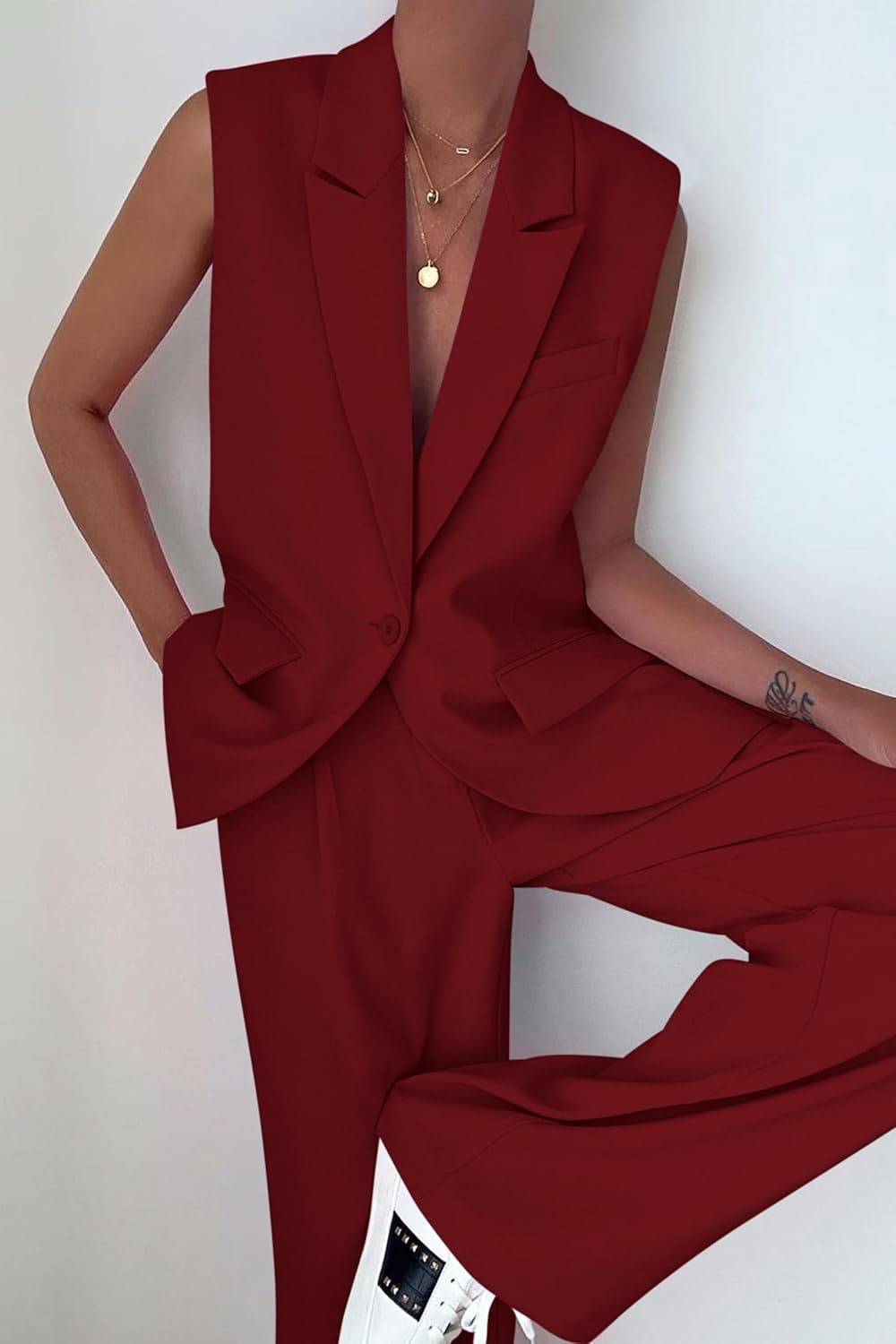 Stylish Two Piece Suit Set – Sleeveless Blazer Vest & Wide Leg Pants