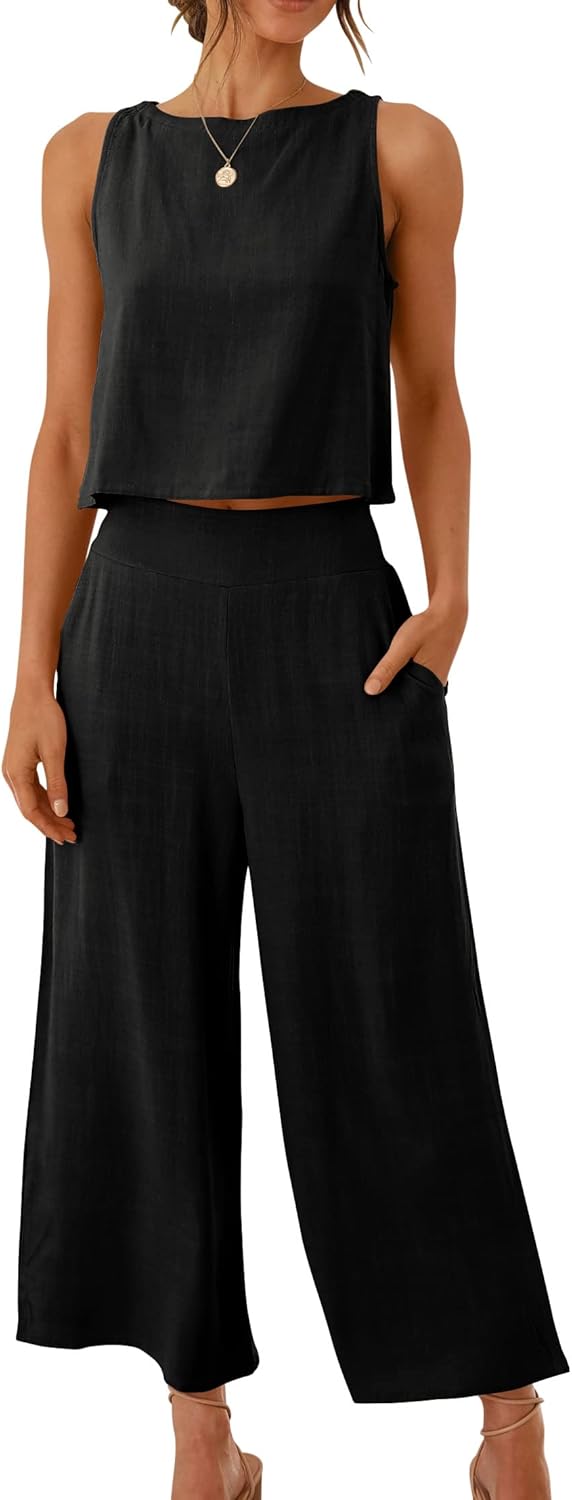 Two Piece Set – Sleeveless Crop Top & Wide Leg Pants