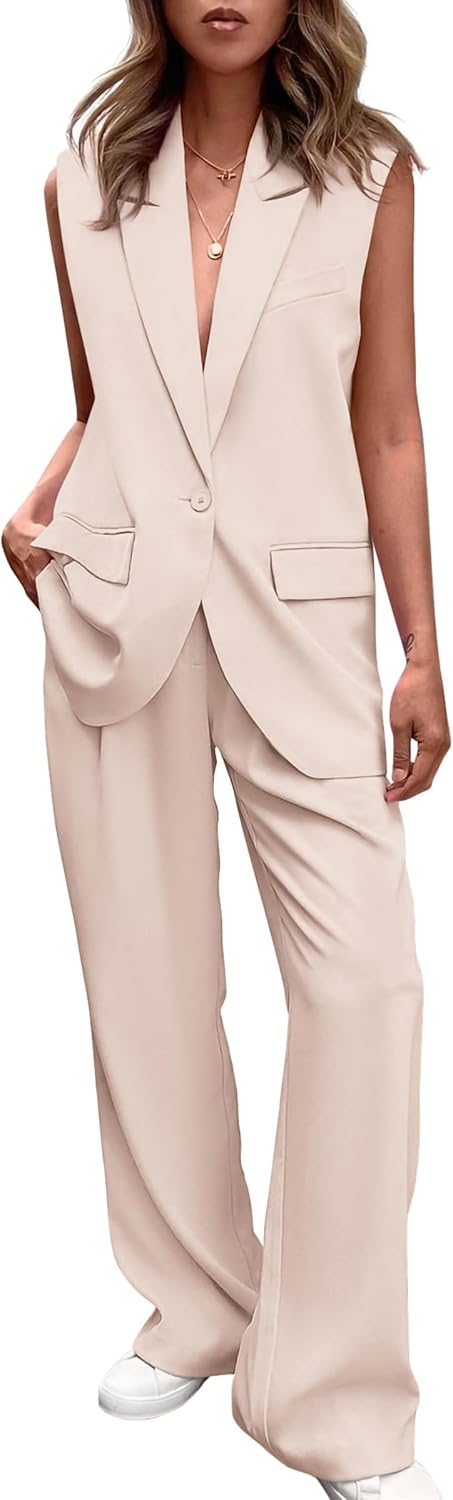 Stylish Two Piece Suit Set – Sleeveless Blazer Vest & Wide Leg Pants