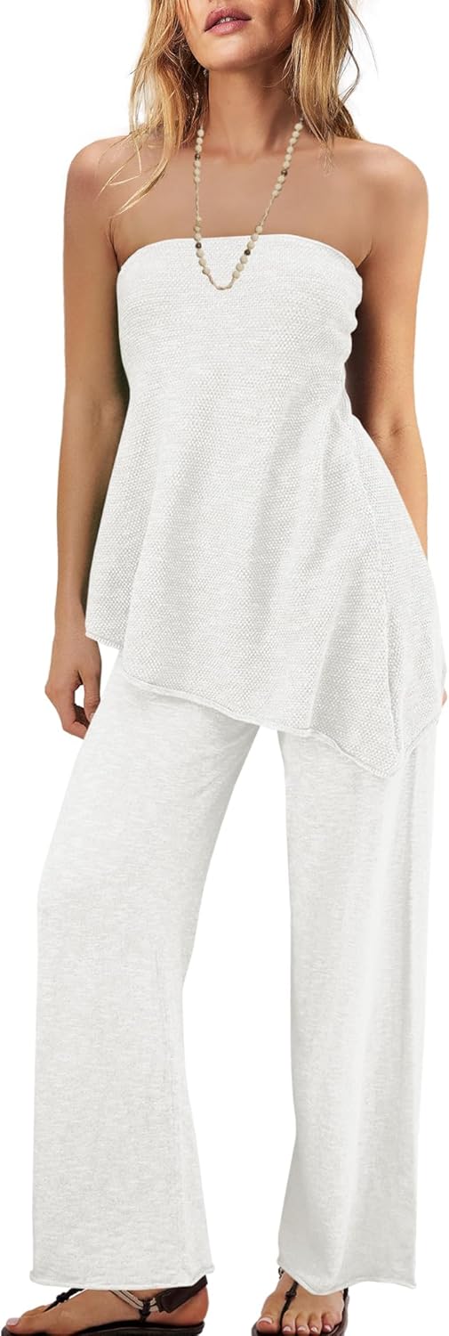 Trendy Two Piece Set – Strapless Knit Top & Wide Leg Pants