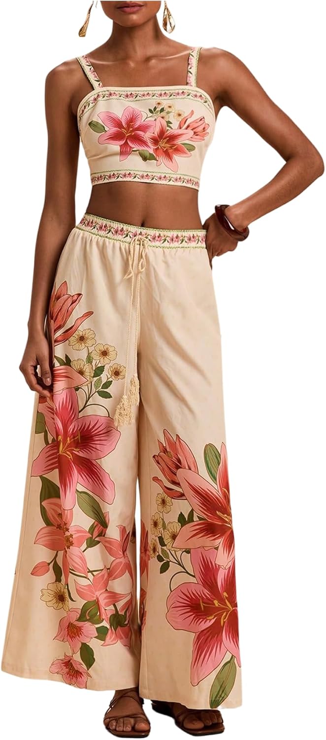 Floral Two Piece Set – Crop Top & Boho Wide Leg Pants