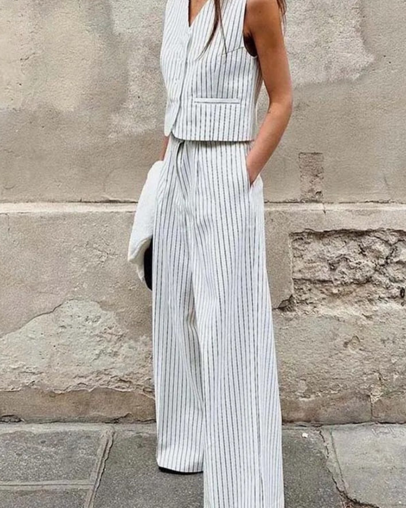 2 Piece Striped Suit Set – Sleeveless Vest & Wide Leg Pants Outfit