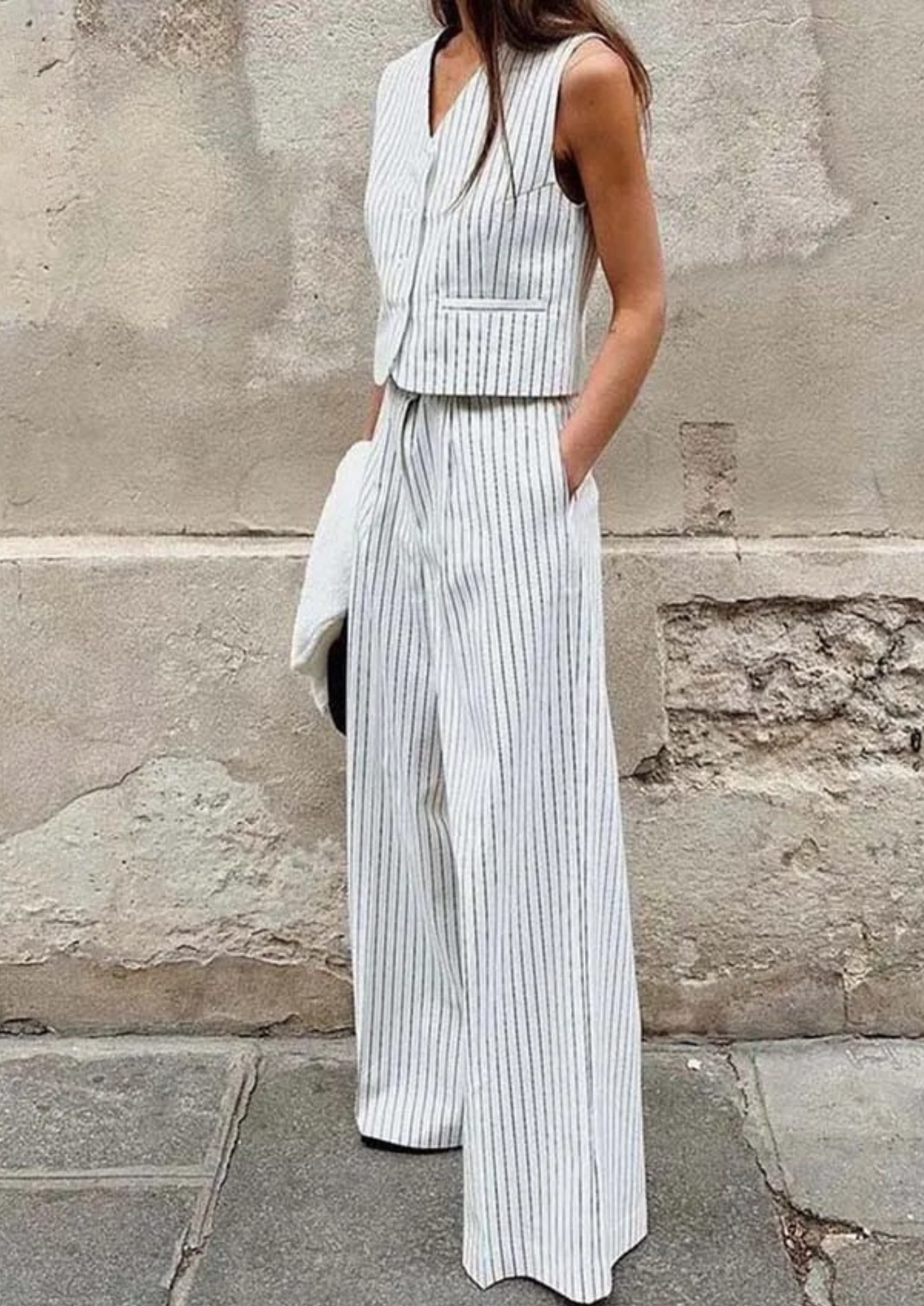 2 Piece Striped Suit Set – Sleeveless Vest & Wide Leg Pants Outfit