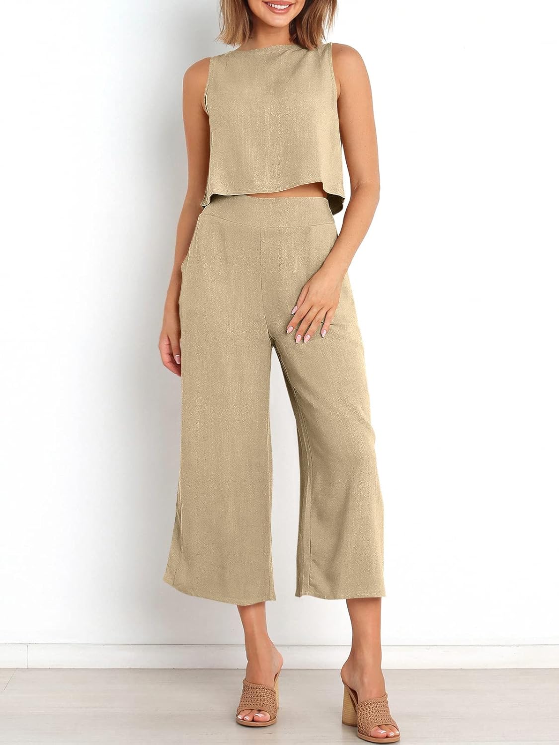 Two Piece Set – Sleeveless Crop Top & Wide Leg Pants